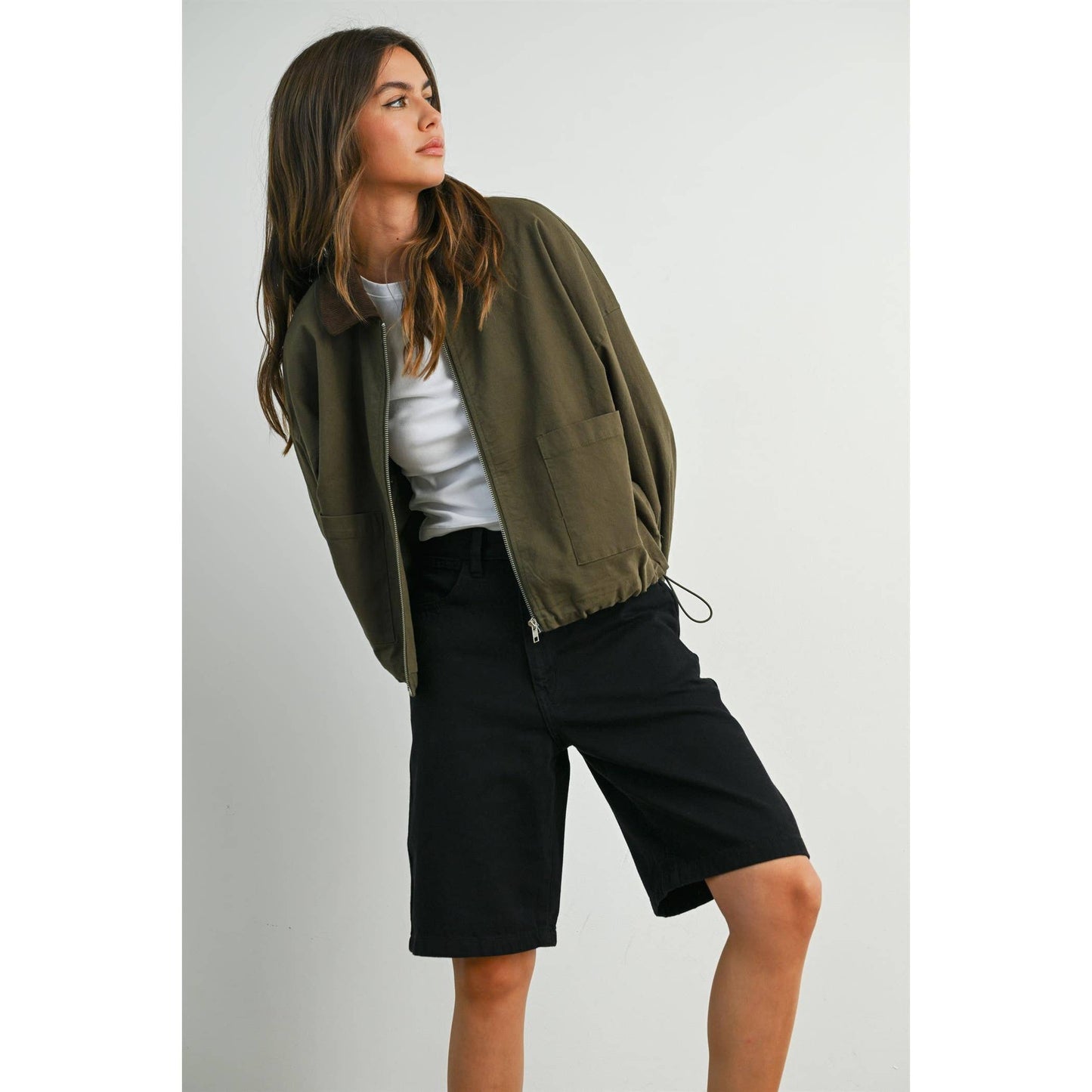 Collared Zip-Up Drawstring Jacket