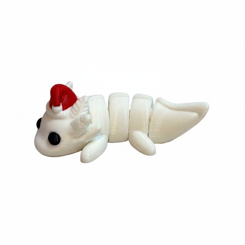 Santa Hat Axolotl (White) • Mini 3D Printed Articulated Animal • Flexi Animals • Christmas • Pocket Pets • Pocket Pals • Desk Pets [#6]