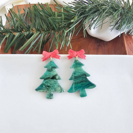 Bow Christmas Tree Earrings - Green Shimmer // Holiday, Jewelry