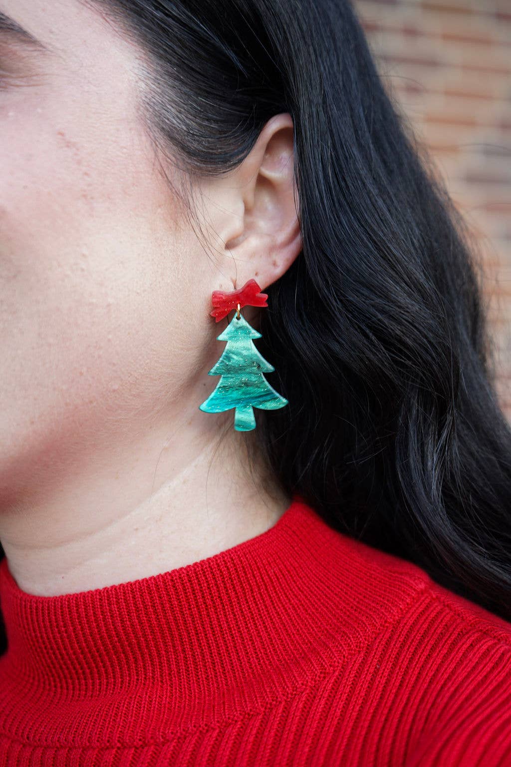Bow Christmas Tree Earrings - Green Shimmer // Holiday, Jewelry