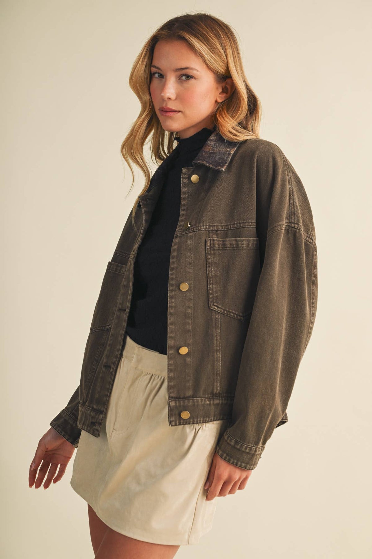 Plaid Collar Vintage Washed Jacket
