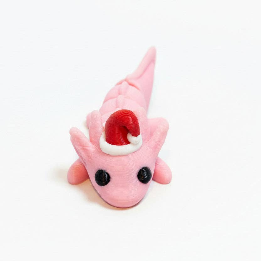 Santa Hat Axolotl (Pink) • Mini 3D Printed Articulated Animal • Flexi Animals • Christmas • Pocket Pets • Pocket Pals • Desk Pets [#6]