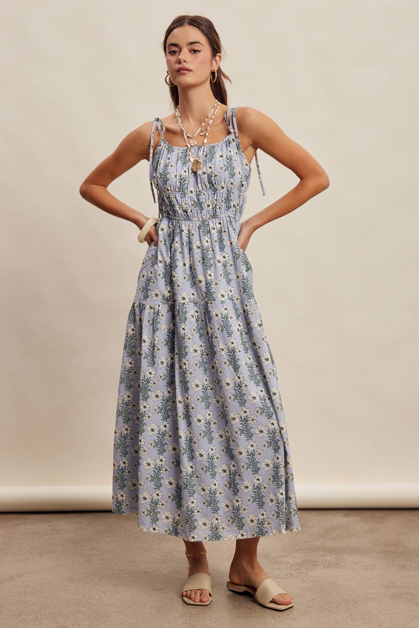 Floral Tie-Strap Smocked Maxi Dress LD1623