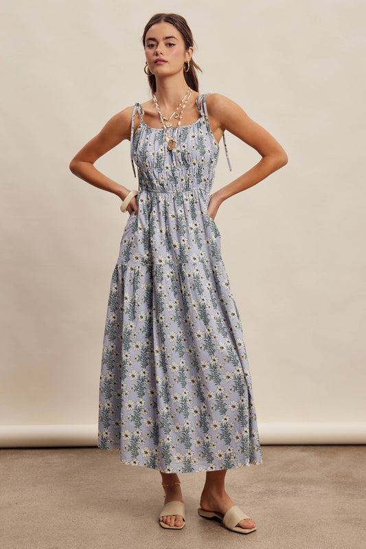 Floral Tie-Strap Smocked Maxi Dress LD1623