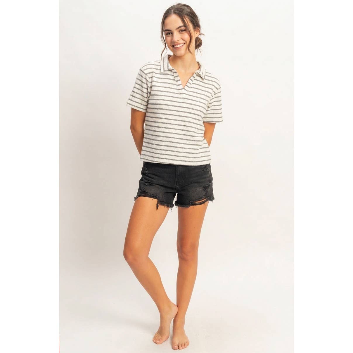 Striped Polo Neck Short Sleeve Top