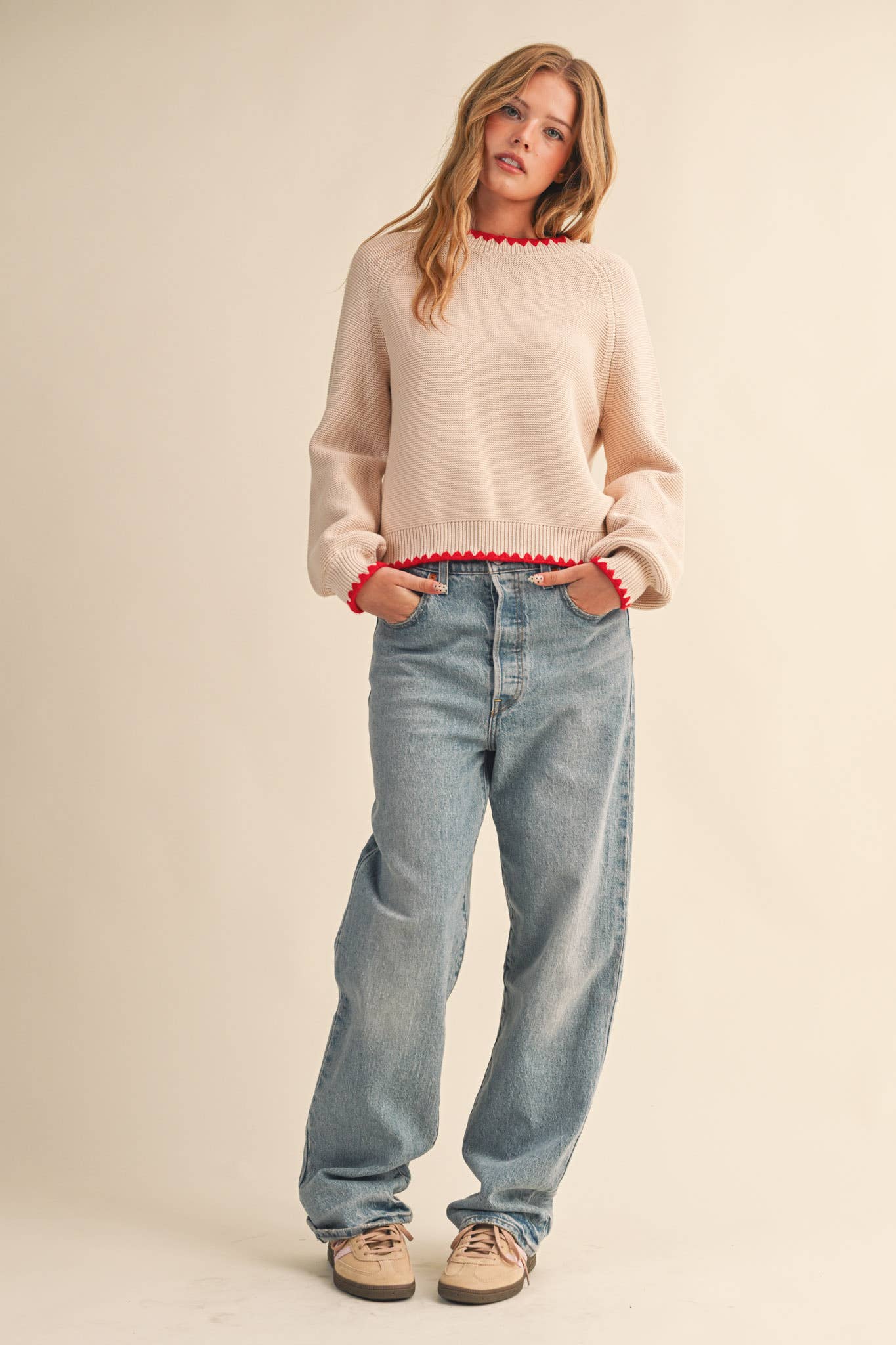 LONG PUFF SLEEVE SWEATER WITH CONTRAST STITCH MSW11083