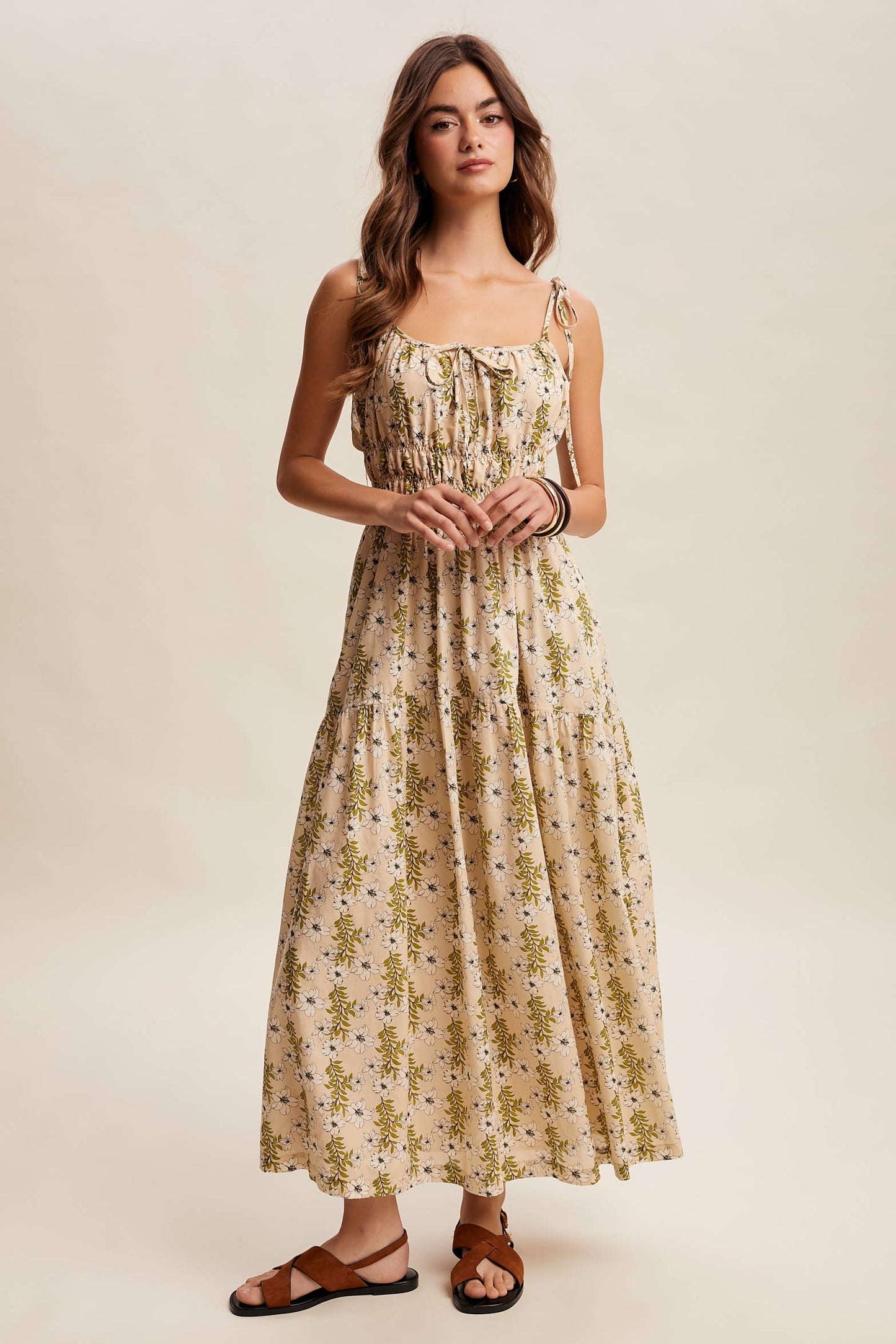 Floral Tie-Strap Smocked Maxi Dress LD1623