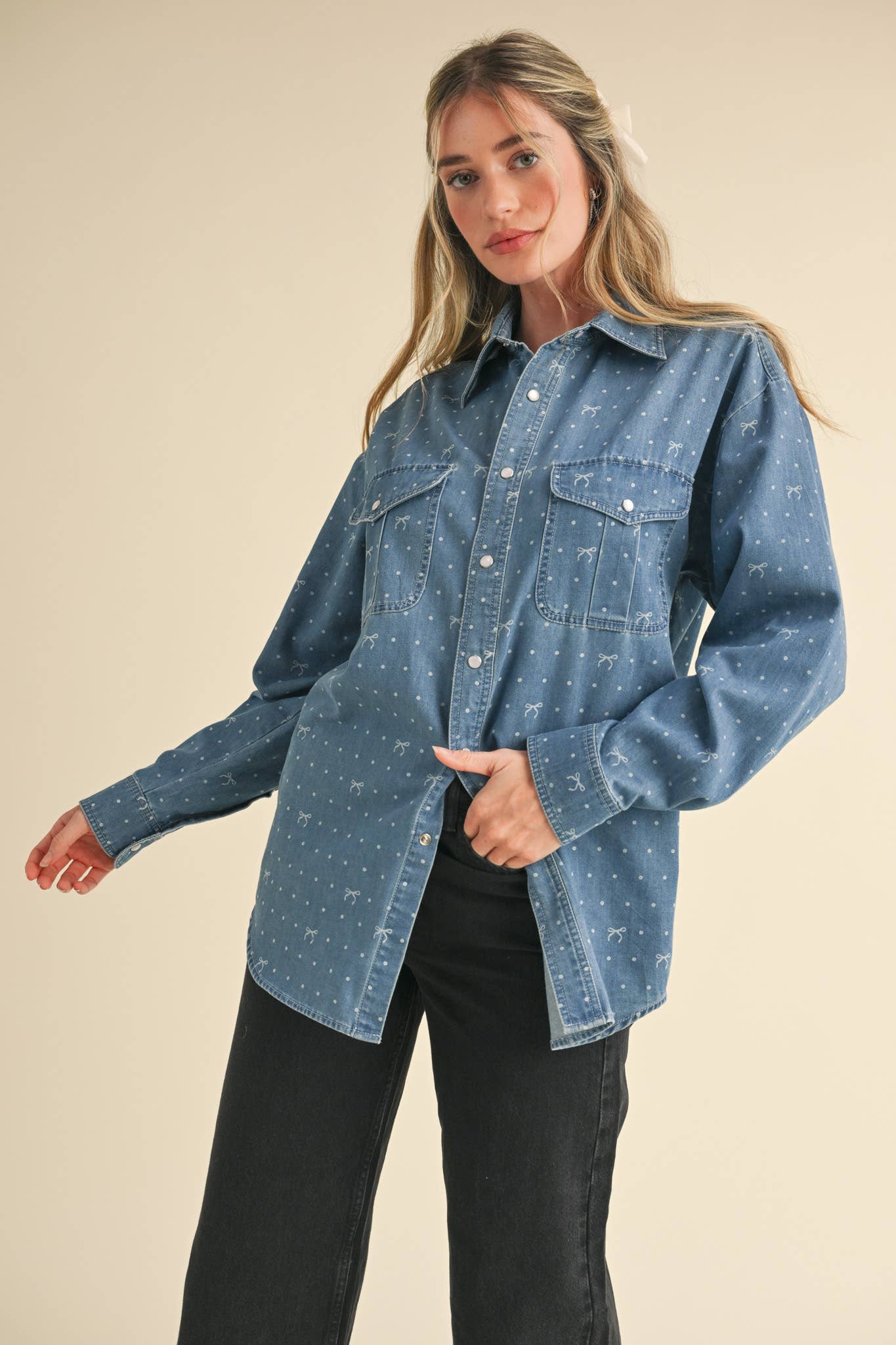 BOW PRINT OVERSIZED DENIM BUTTON DOWN TOP MTP3458