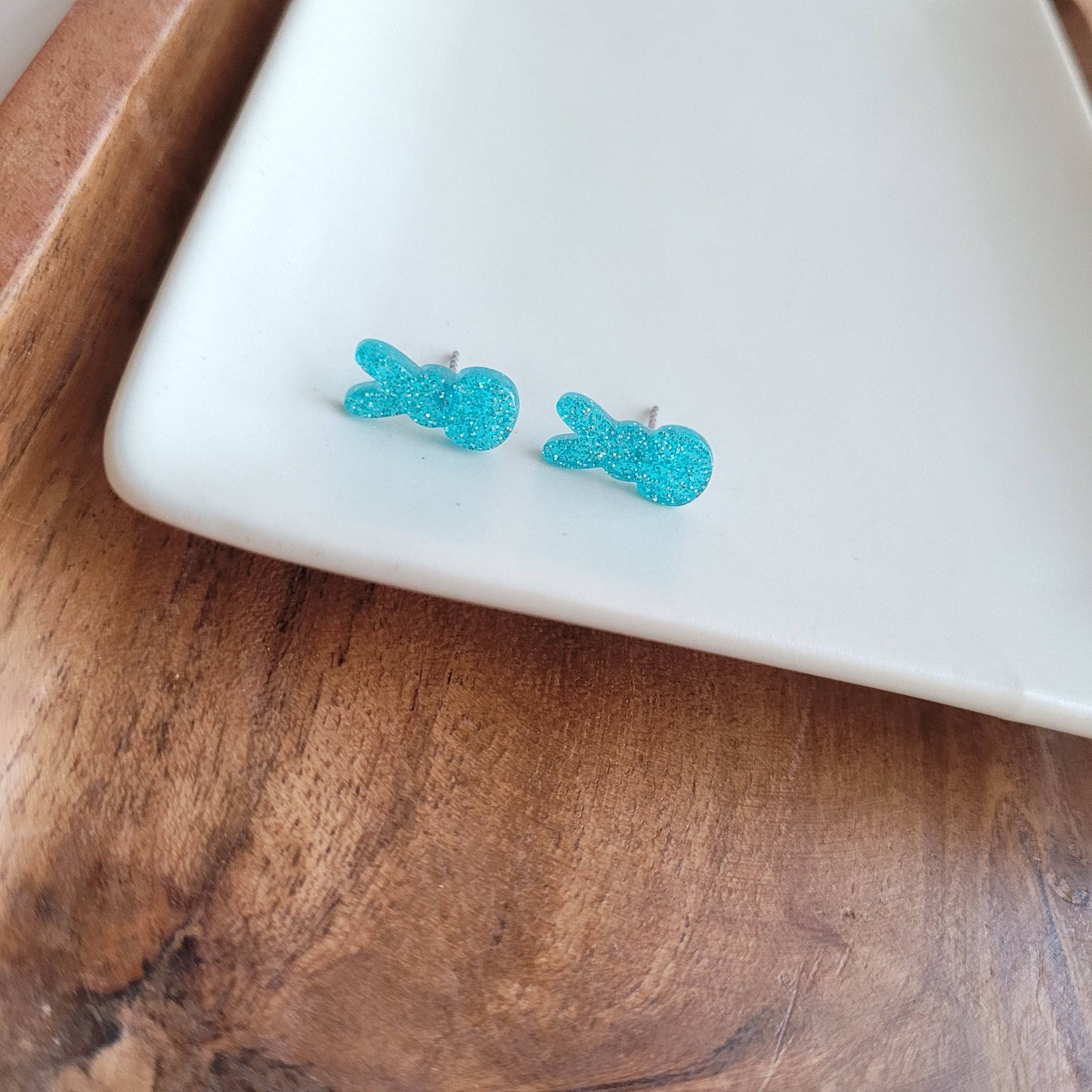 Glitter Bunny Studs - Blue // Earrings, Jewelry, Easter