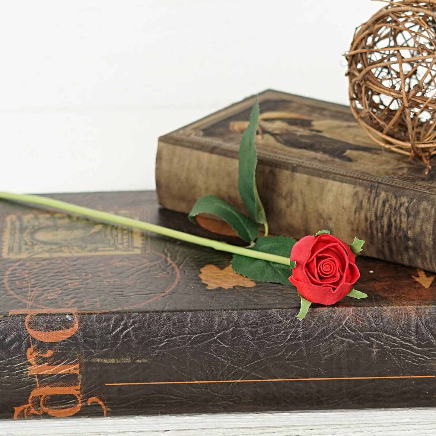 13inL real touch Cabbage Rose Stem-Red