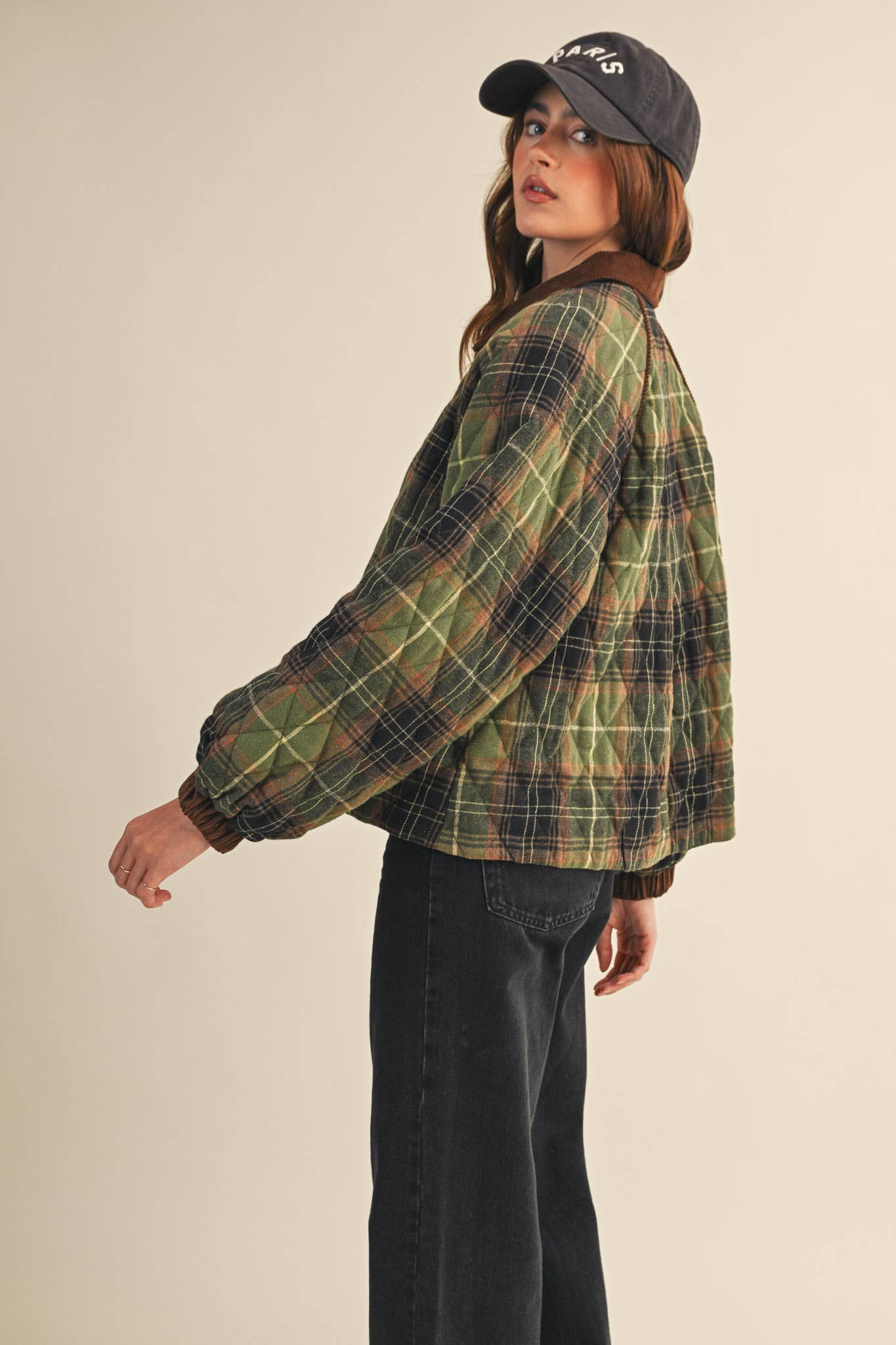 PLAID QUILTED JACKET WITH CONTRAST CORDUROY DETAIL MJK4115