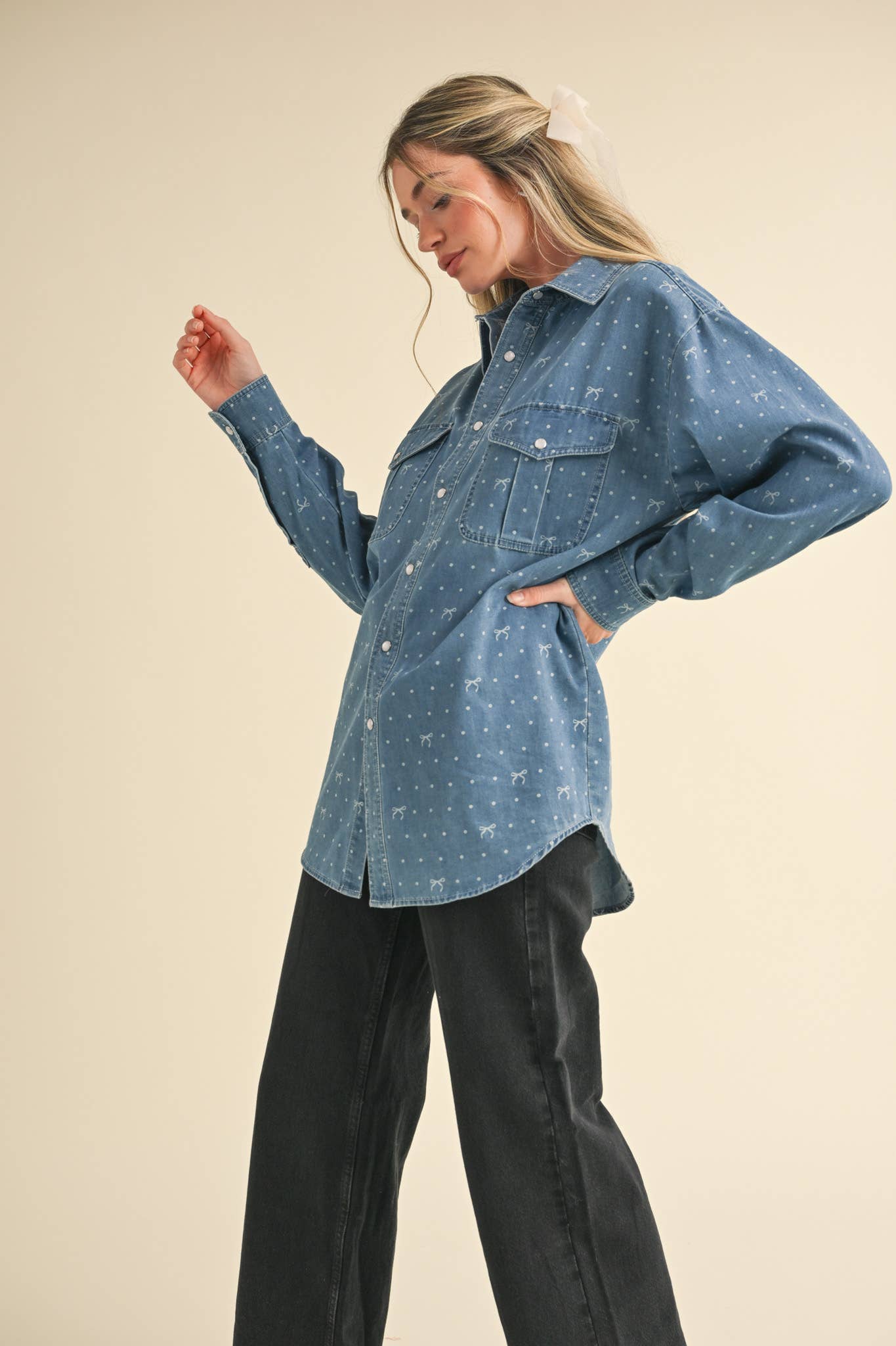BOW PRINT OVERSIZED DENIM BUTTON DOWN TOP MTP3458