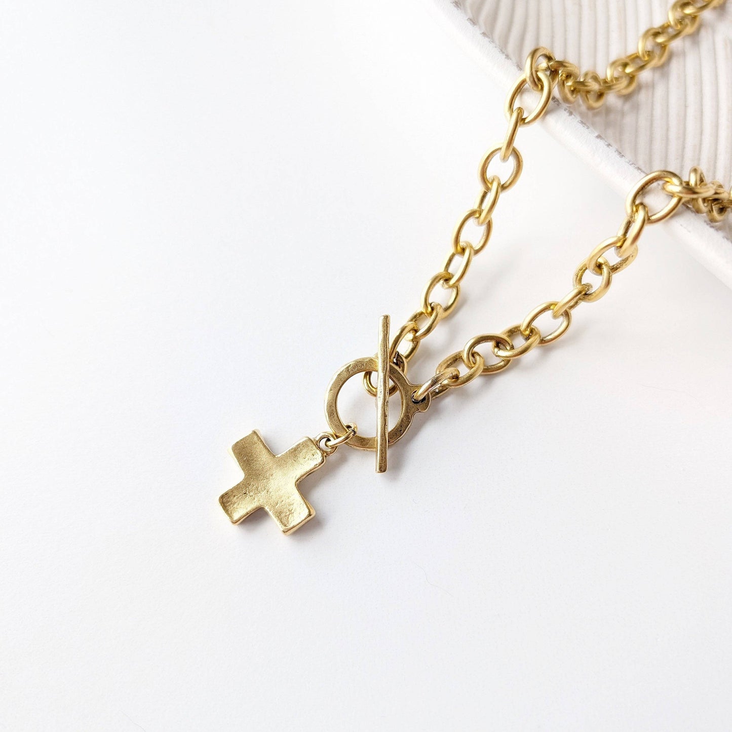 Antique Gold Cross Toggle Necklace