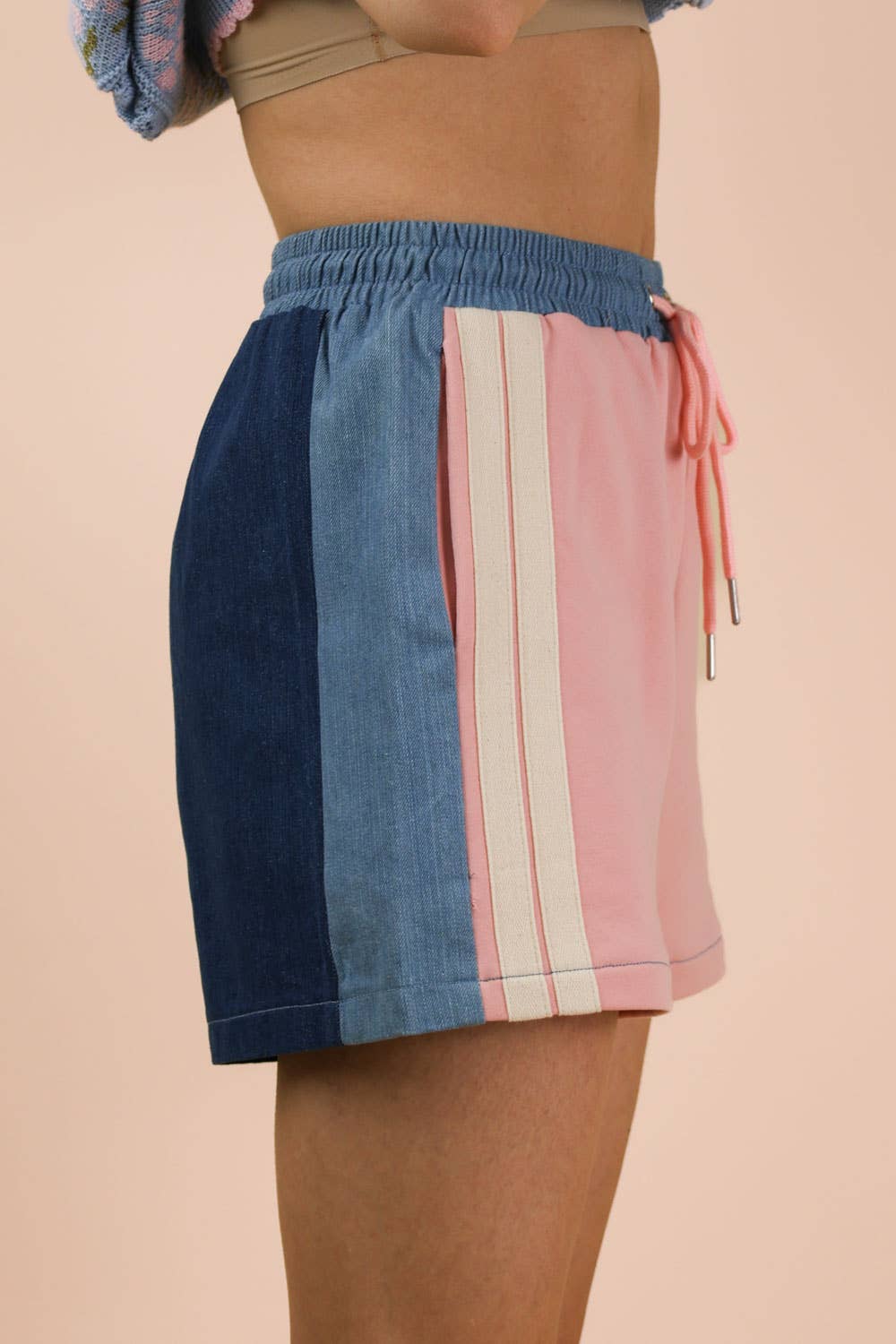 Denim-Terry Mix Casual Shorts
