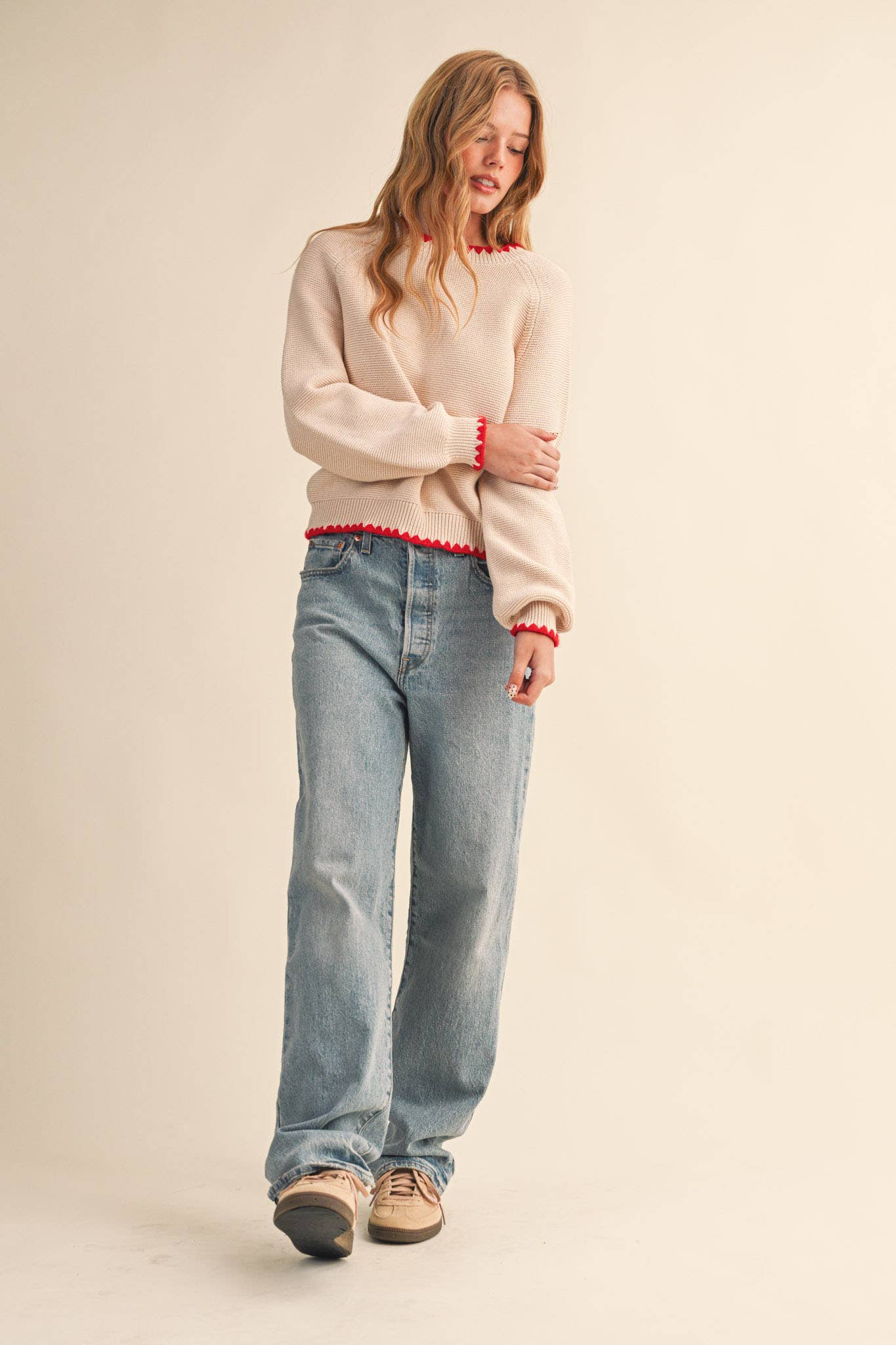 LONG PUFF SLEEVE SWEATER WITH CONTRAST STITCH MSW11083