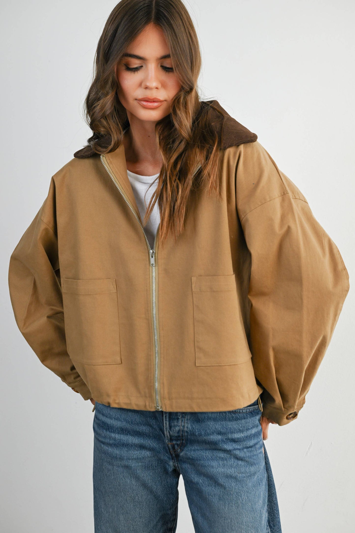 Collared Zip-Up Drawstring Jacket