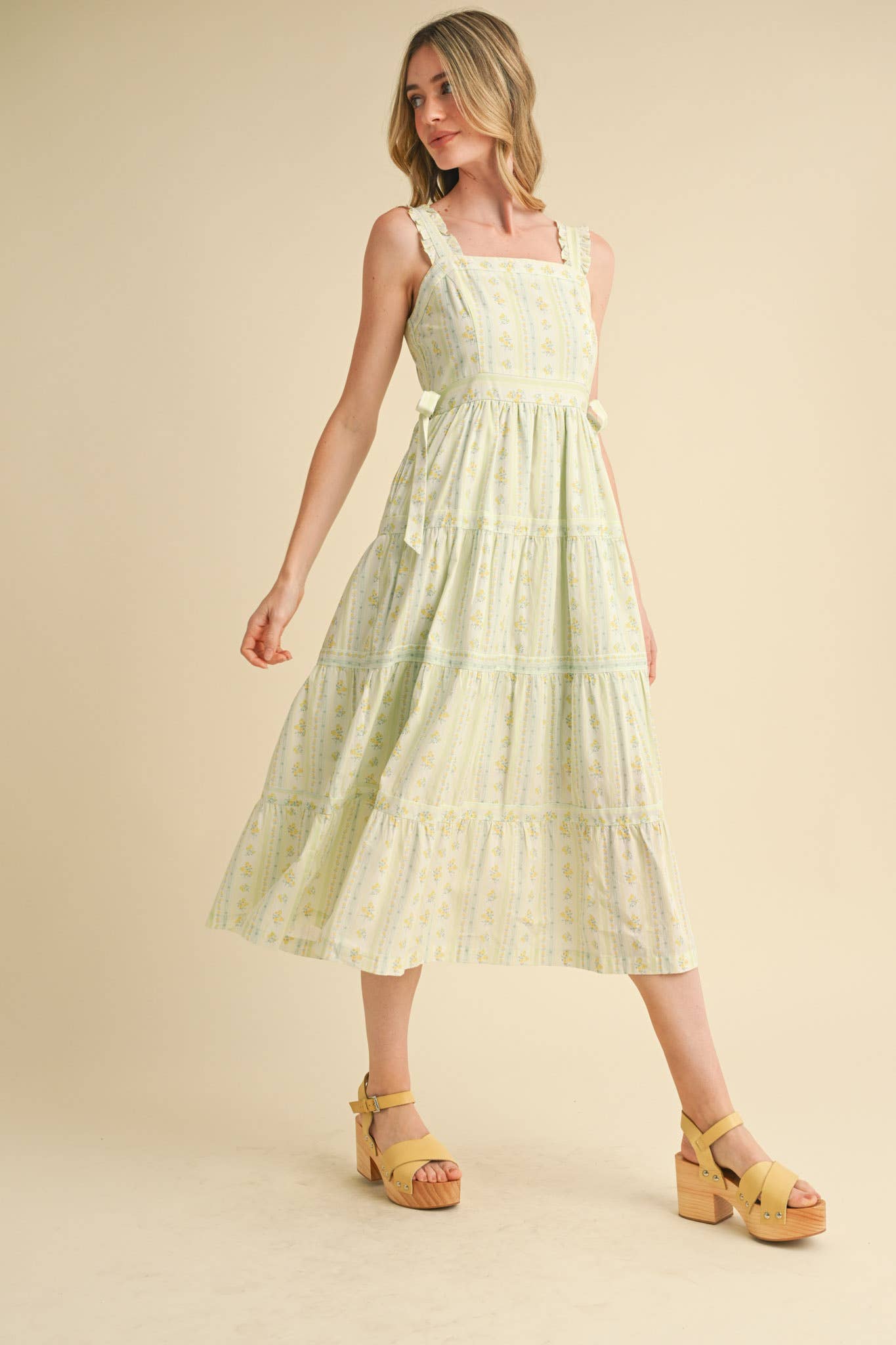 RUFFLED STRAP FLORAL MIDI DRESS WITH SIDE TYING BOWS MDR3586