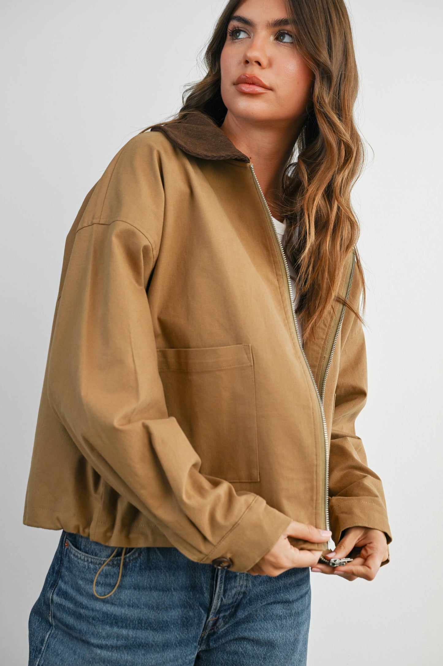Collared Zip-Up Drawstring Jacket