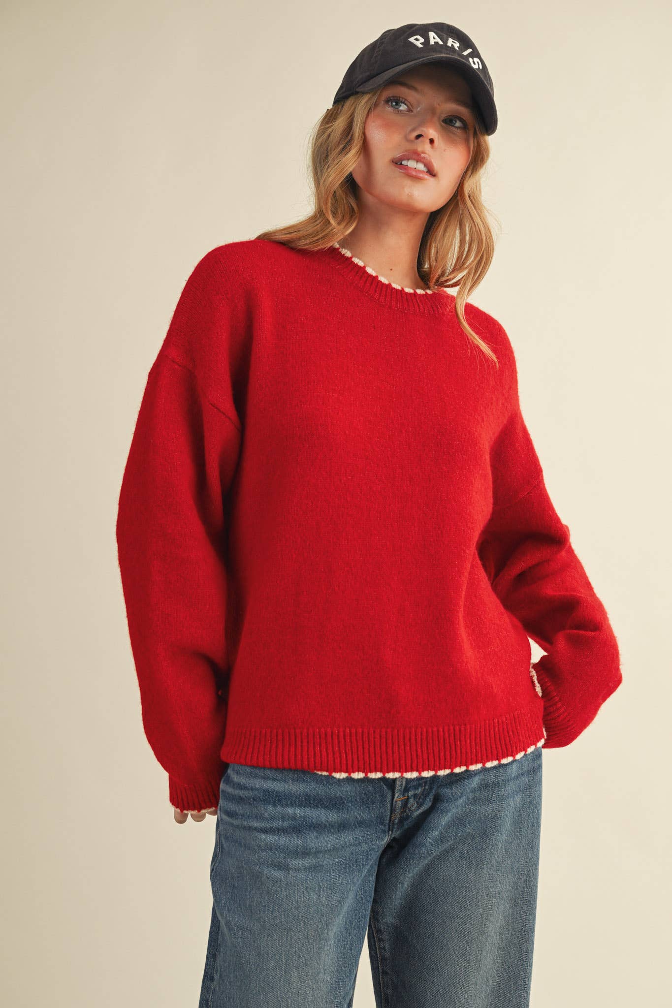 CONTRAST KNIT SCALLOPED EDGE SWEATER