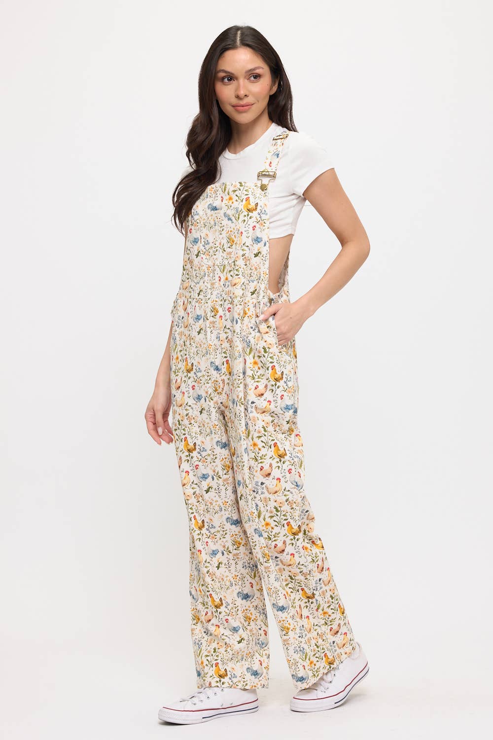ROOSTER AND FLORAL PRINT OVERALLS