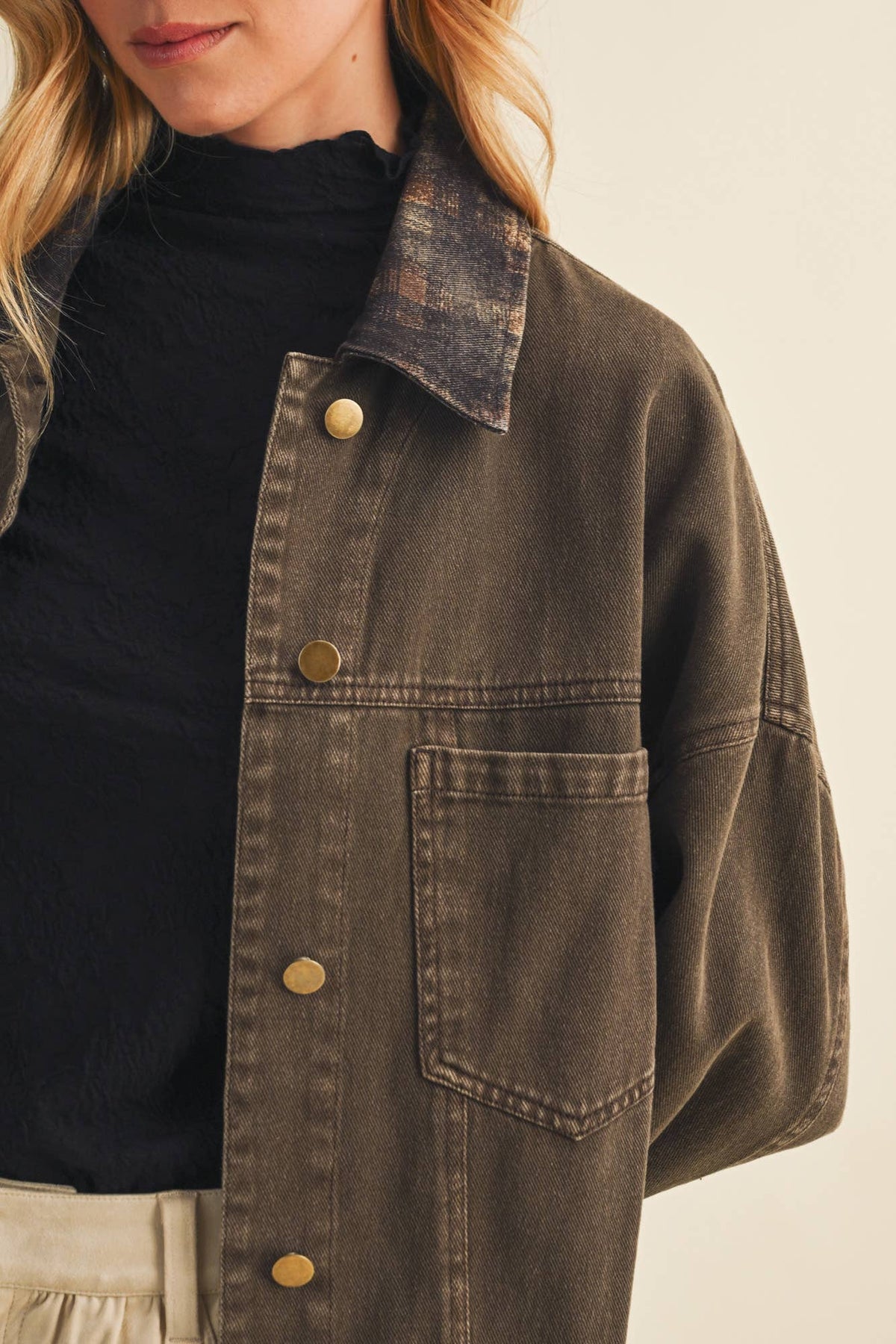 Plaid Collar Vintage Washed Jacket
