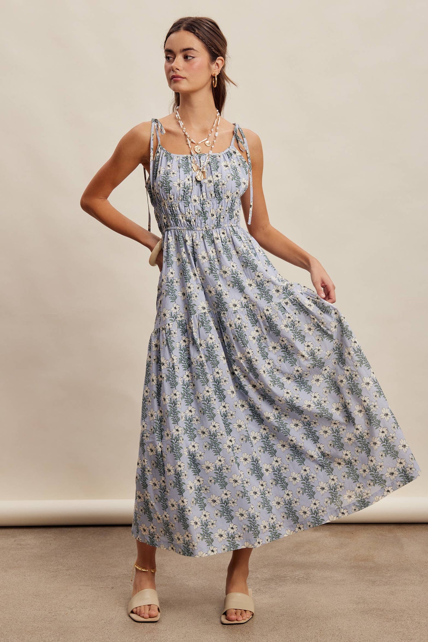 Floral Tie-Strap Smocked Maxi Dress LD1623