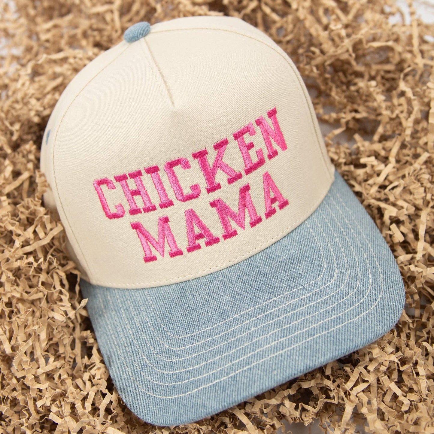 Denim 'Chicken Mama' Pink Embroidered Trucker Hat