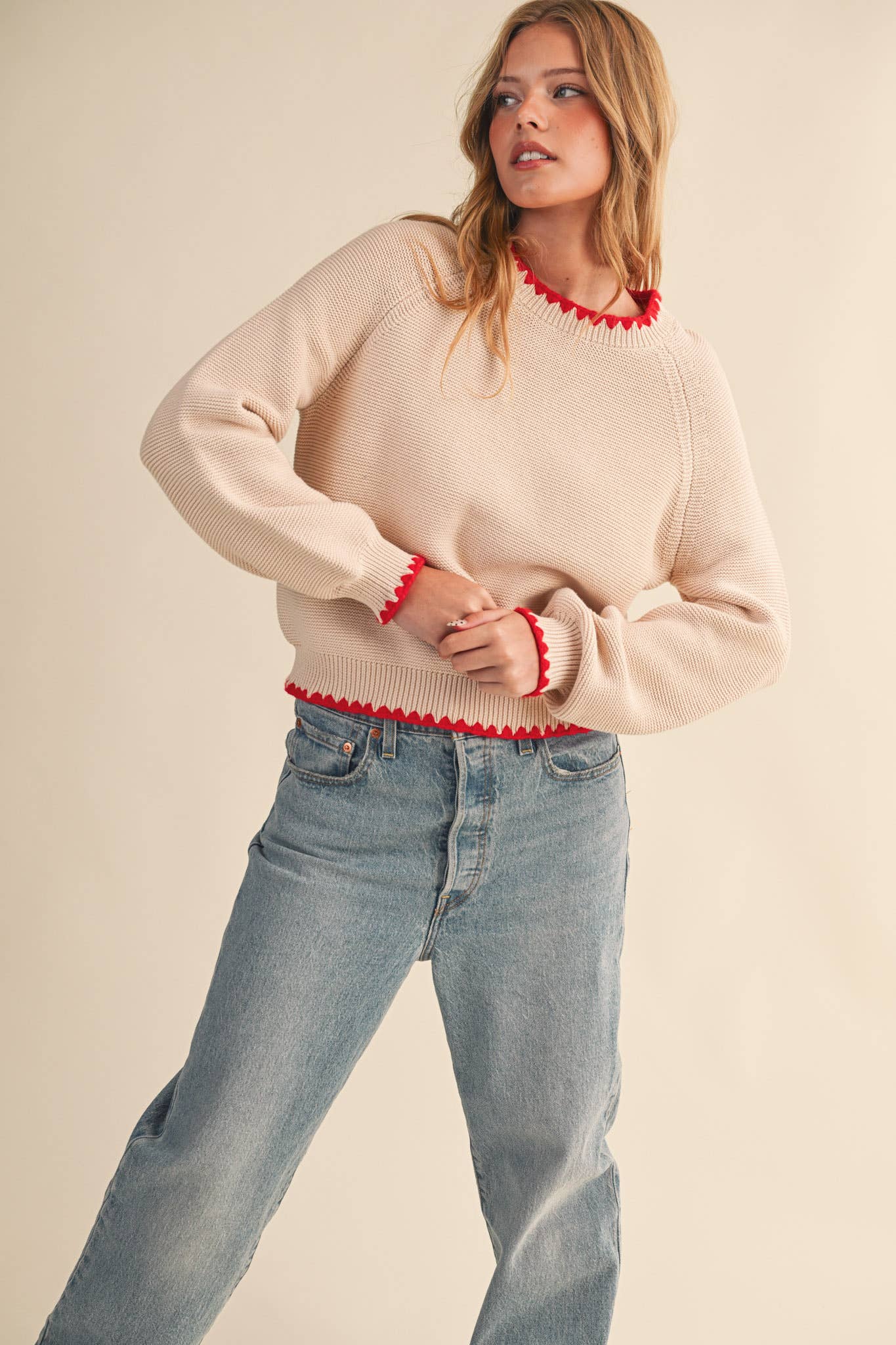 LONG PUFF SLEEVE SWEATER WITH CONTRAST STITCH MSW11083