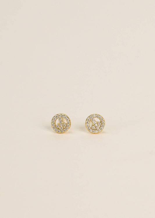 Pave Stud - Peace Sign - Gold Earrings