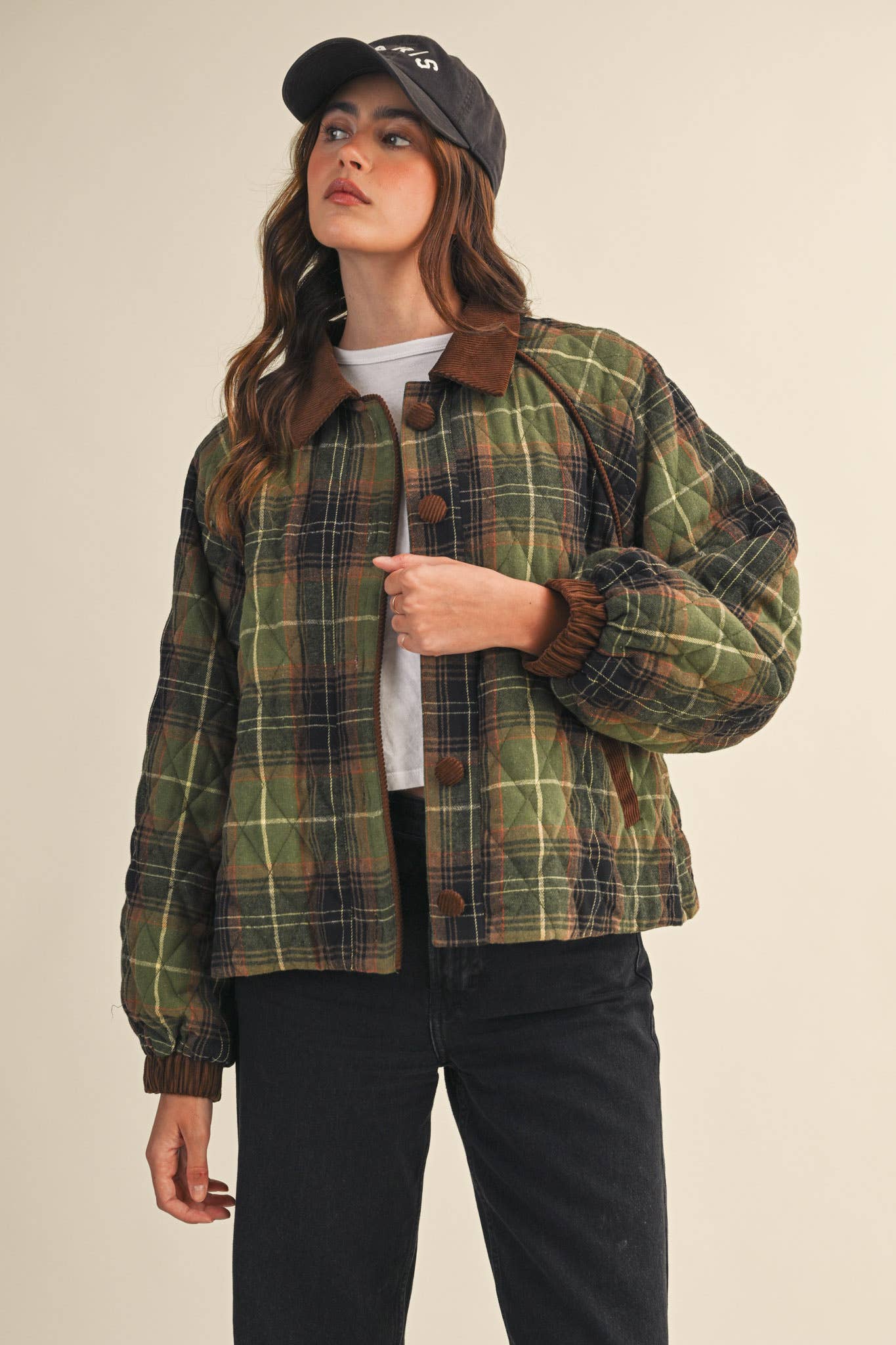 PLAID QUILTED JACKET WITH CONTRAST CORDUROY DETAIL MJK4115