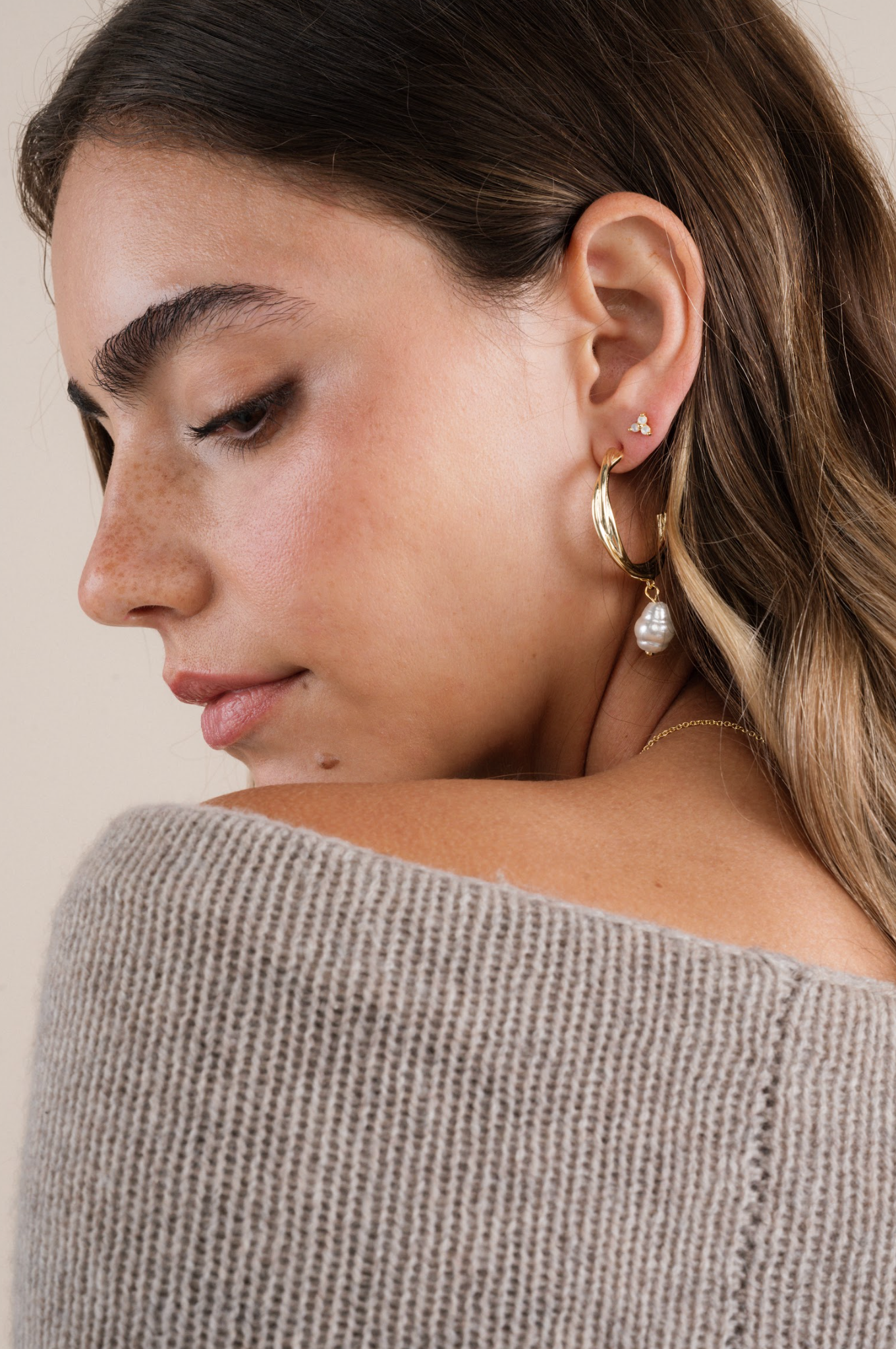 Trio Cluster Gold Earrings - Pearl