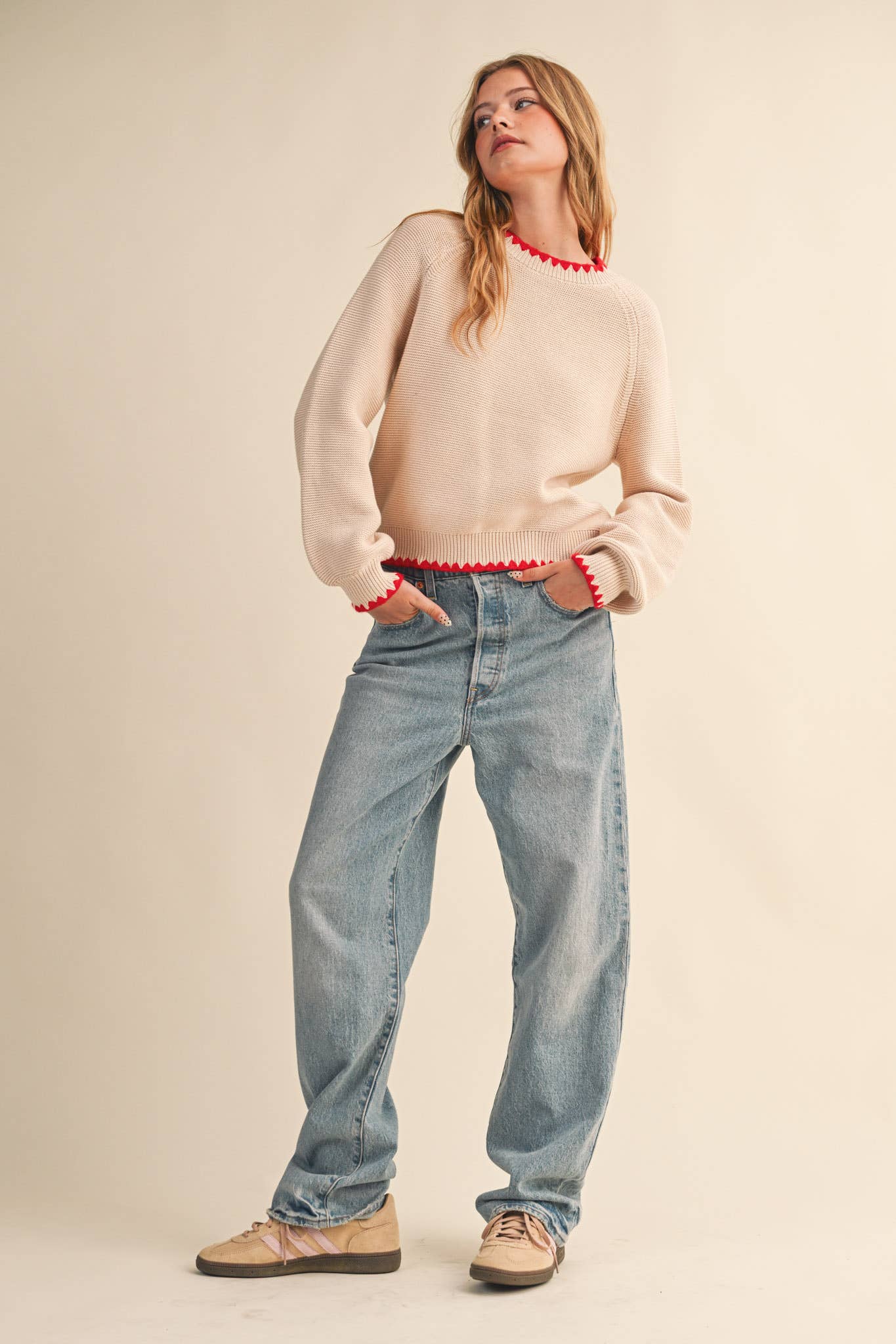 LONG PUFF SLEEVE SWEATER WITH CONTRAST STITCH MSW11083