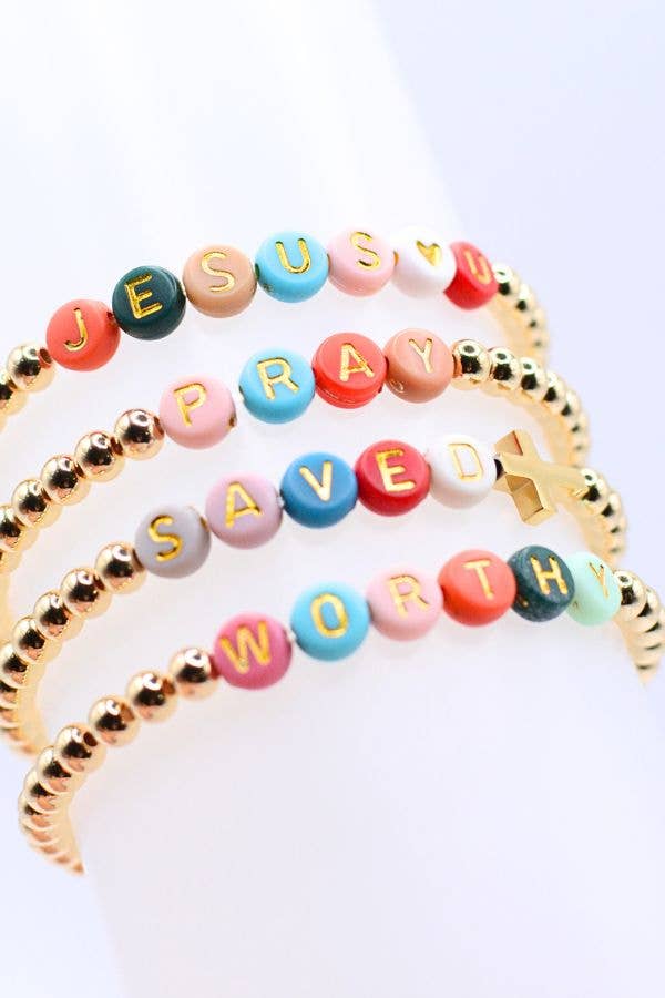 Gold Faith Bracelets – Jesus Loves U, Pray, Saved, Worthy