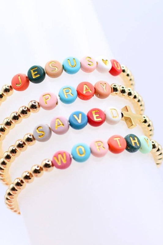 Gold Faith Bracelets – Jesus Loves U, Pray, Saved, Worthy