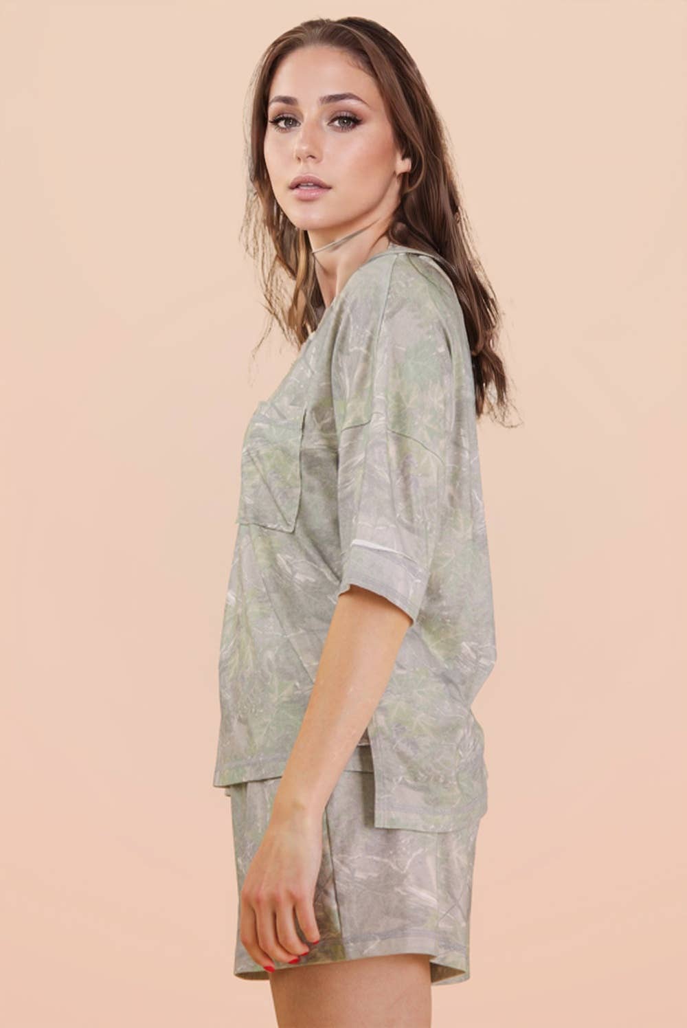 Camo Print Casual Knit Top & Shorts Set