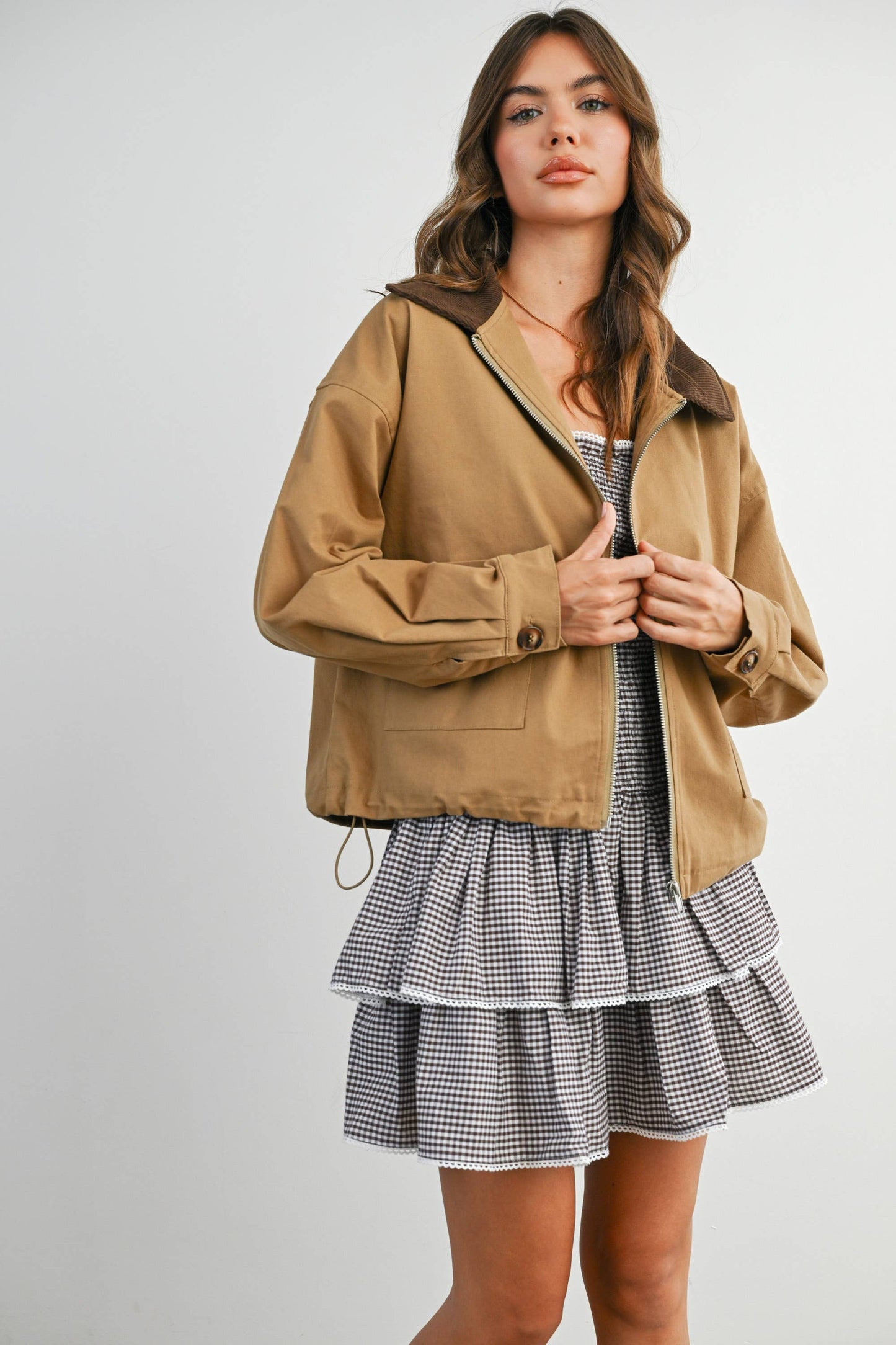 Collared Zip-Up Drawstring Jacket