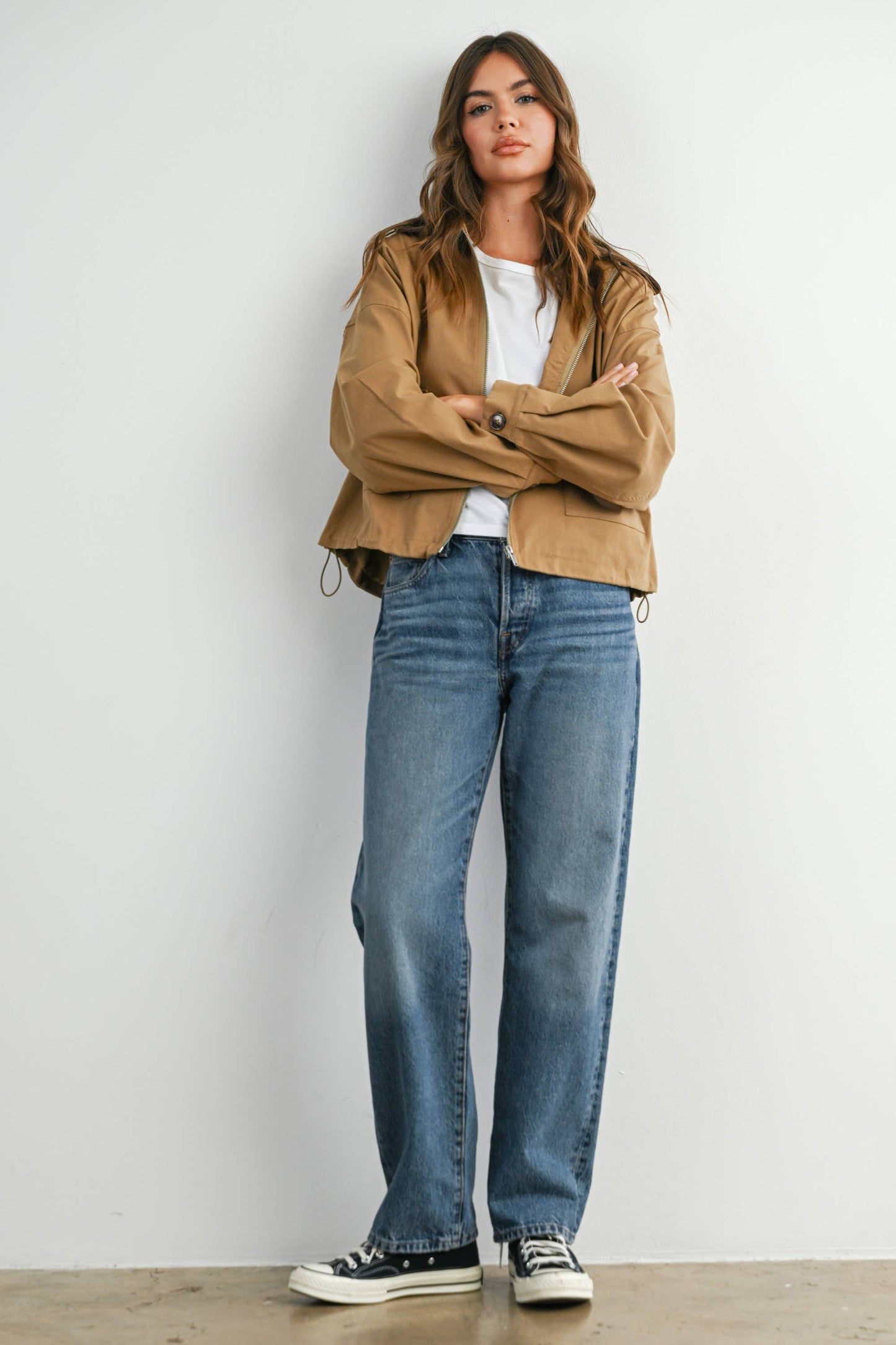 Collared Zip-Up Drawstring Jacket