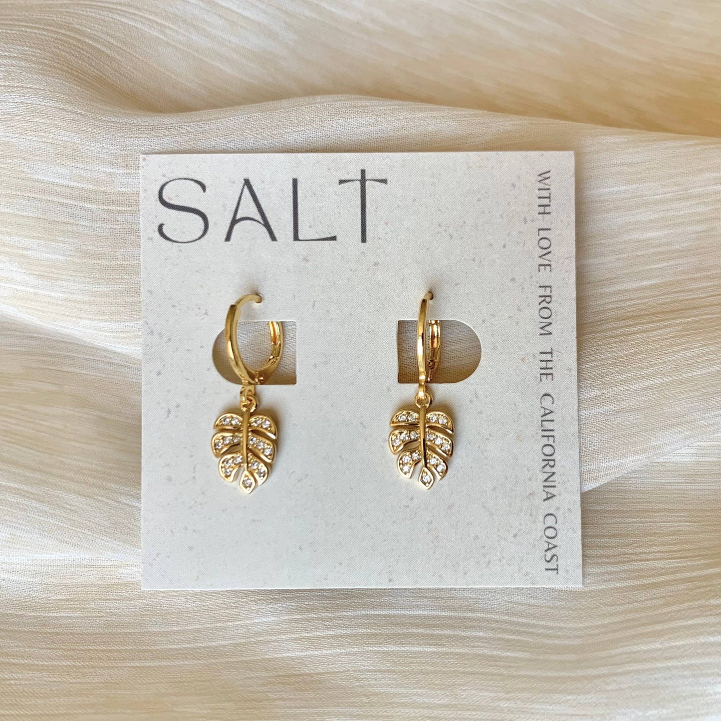 MONSTERA LEAF HUGGIE HOOPS | gold | tropical beach jewelry
