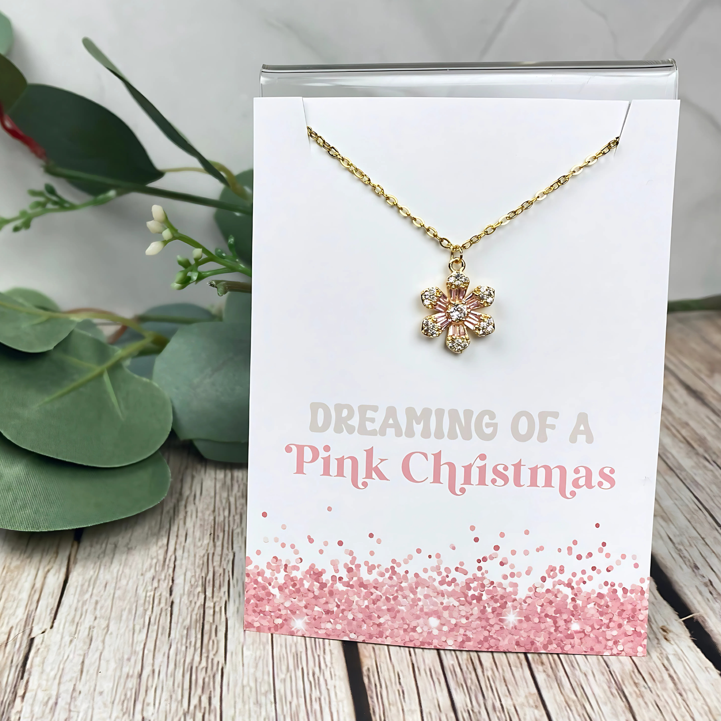 Pink Christmas Charm Necklace | Stainless Steel Chain