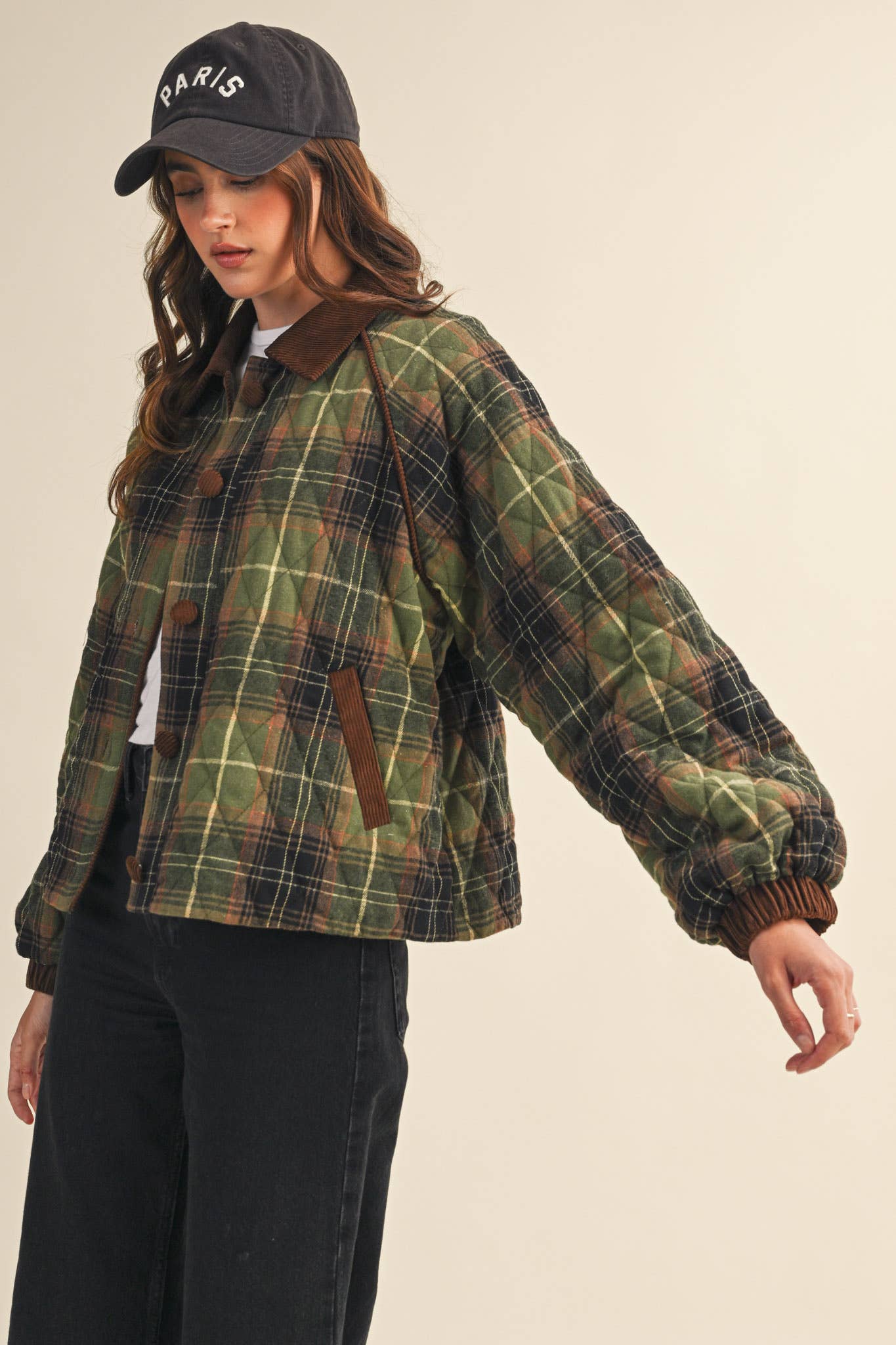 PLAID QUILTED JACKET WITH CONTRAST CORDUROY DETAIL MJK4115