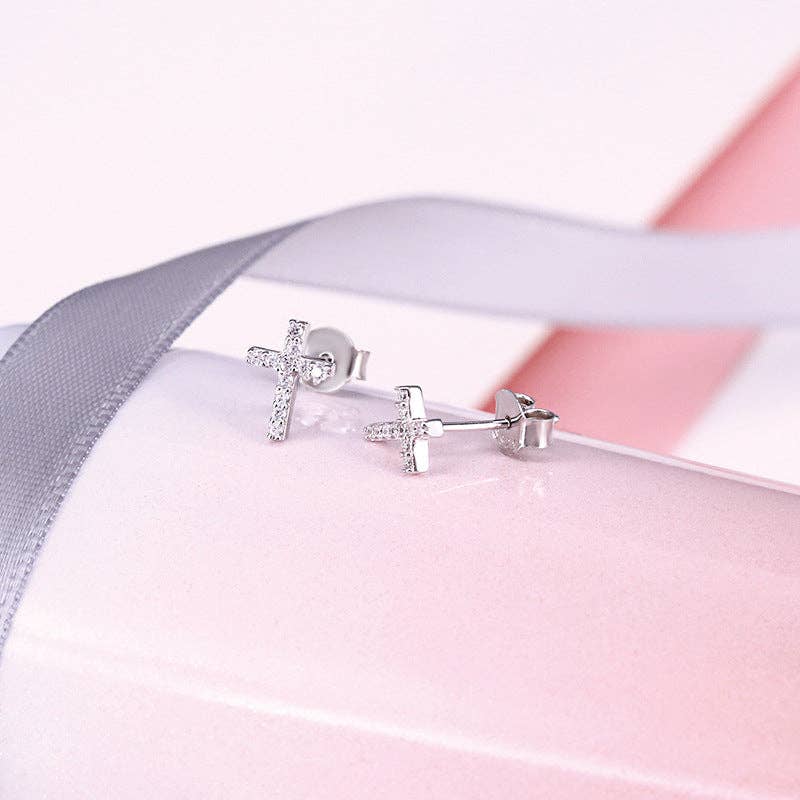 Dainty Gold Cross Tiny Stud Earrings in 925 Sterling Silver