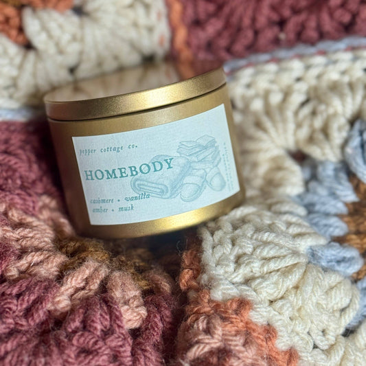 Homebody 5.5 oz Soy Candle Tin | Cashmere, Vanilla, Amber, Musk | Cozy Vanilla Scented Candle