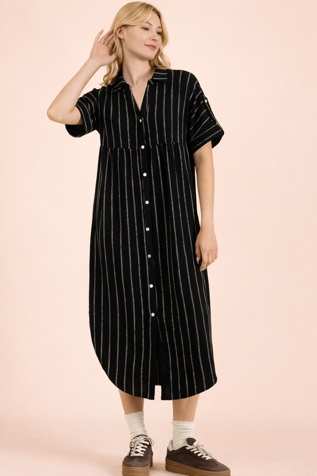 Striped Linen Midi Button Down Shirt Dress