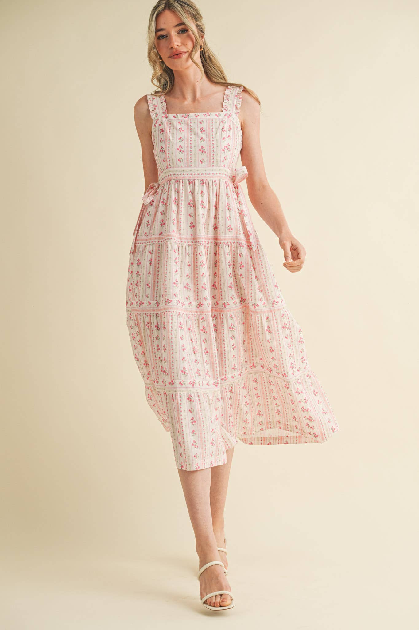 RUFFLED STRAP FLORAL MIDI DRESS WITH SIDE TYING BOWS MDR3586
