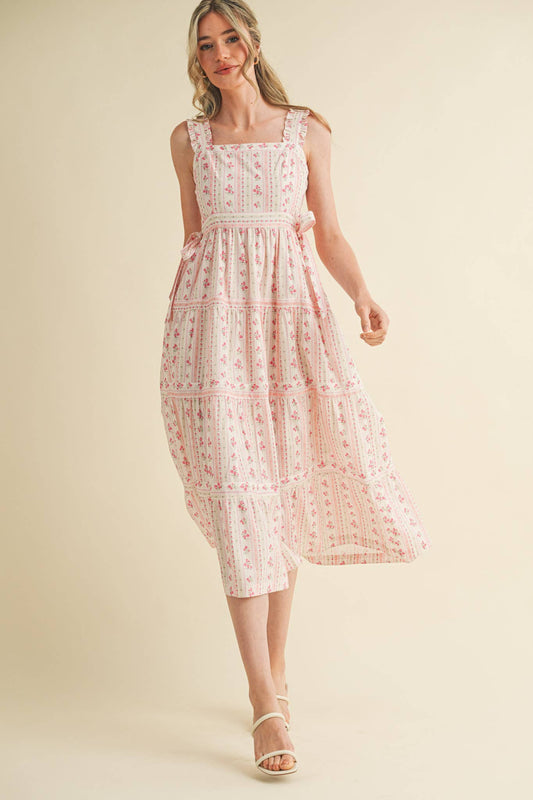RUFFLED STRAP FLORAL MIDI DRESS WITH SIDE TYING BOWS MDR3586