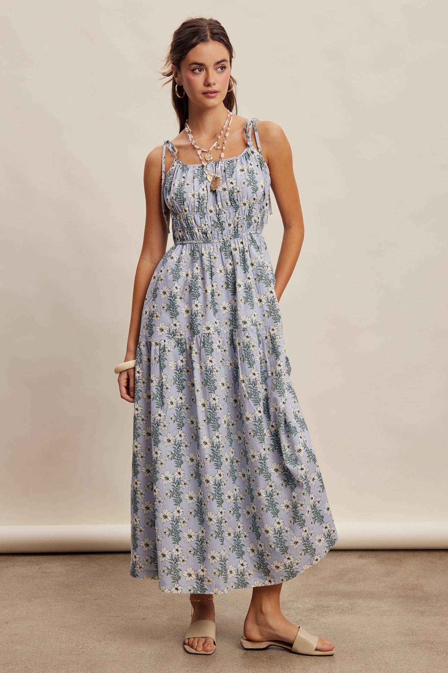 Floral Tie-Strap Smocked Maxi Dress LD1623