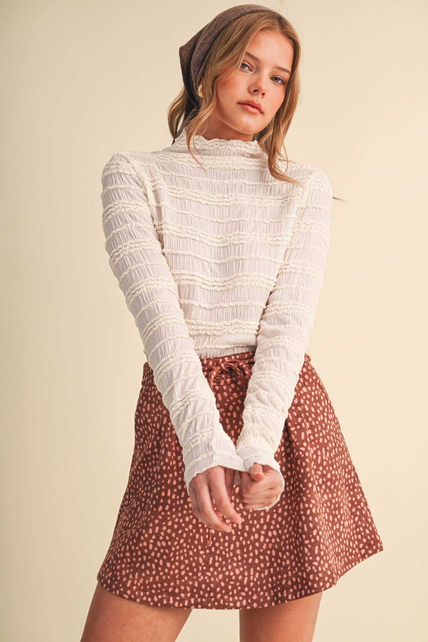 SHIRRED LONG SLEEVE MOCK NECK TOP MTP5407