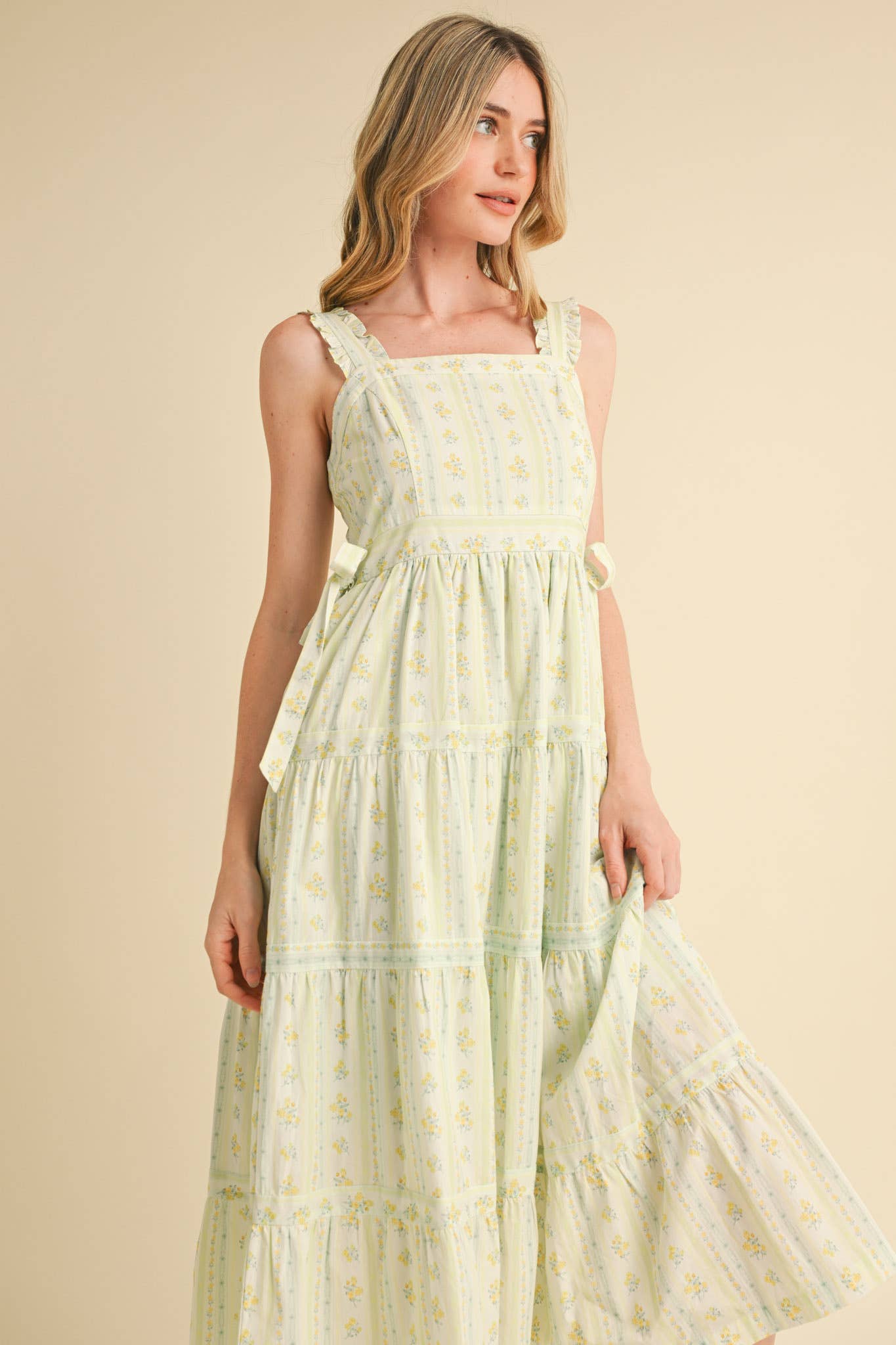 RUFFLED STRAP FLORAL MIDI DRESS WITH SIDE TYING BOWS MDR3586