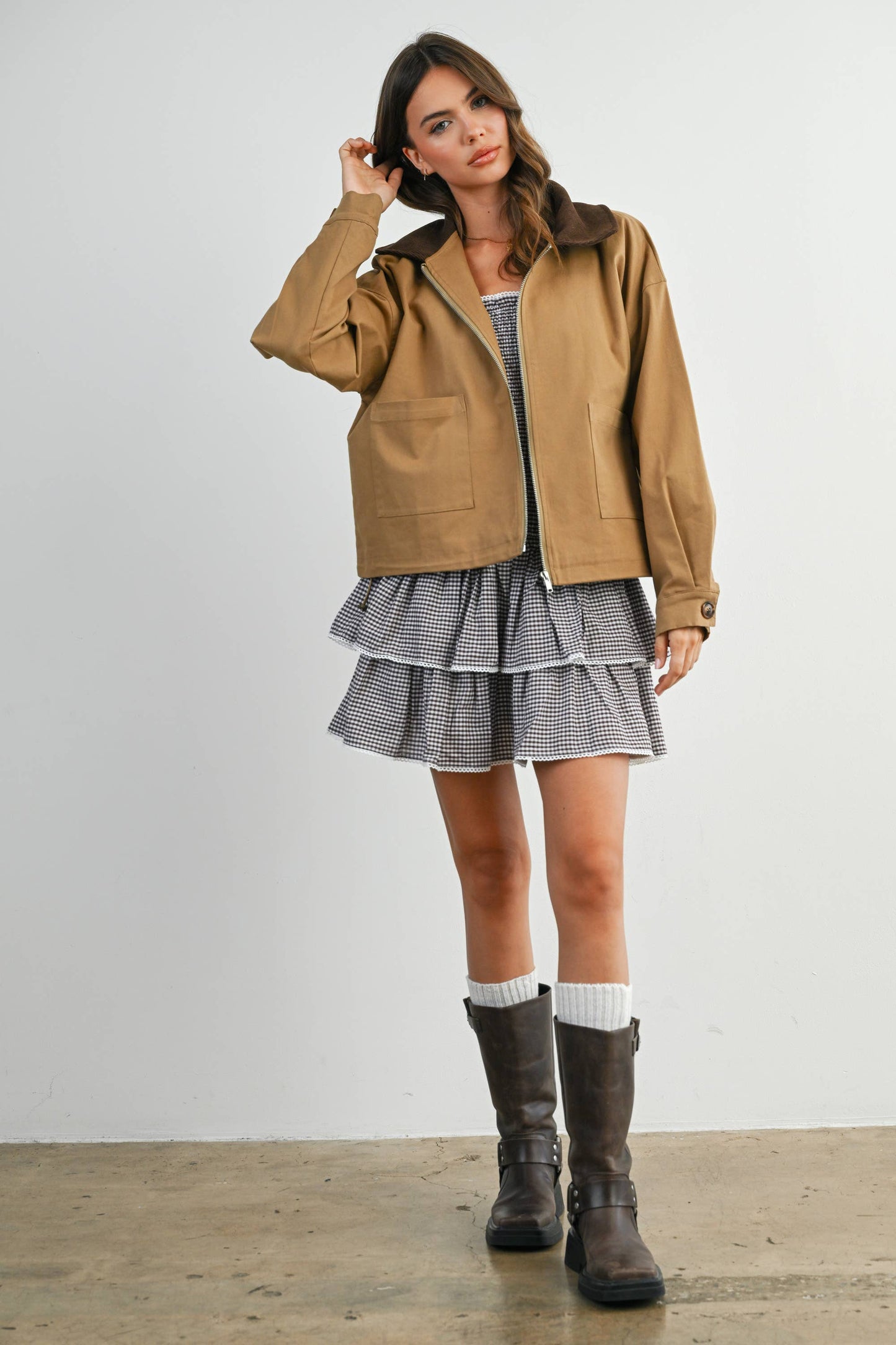 Collared Zip-Up Drawstring Jacket