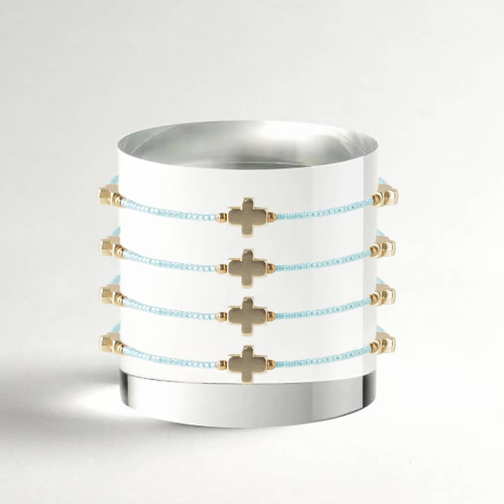 Faithful Beaded Cross Bangle w/ Matte Gold Crosses-Turquoise